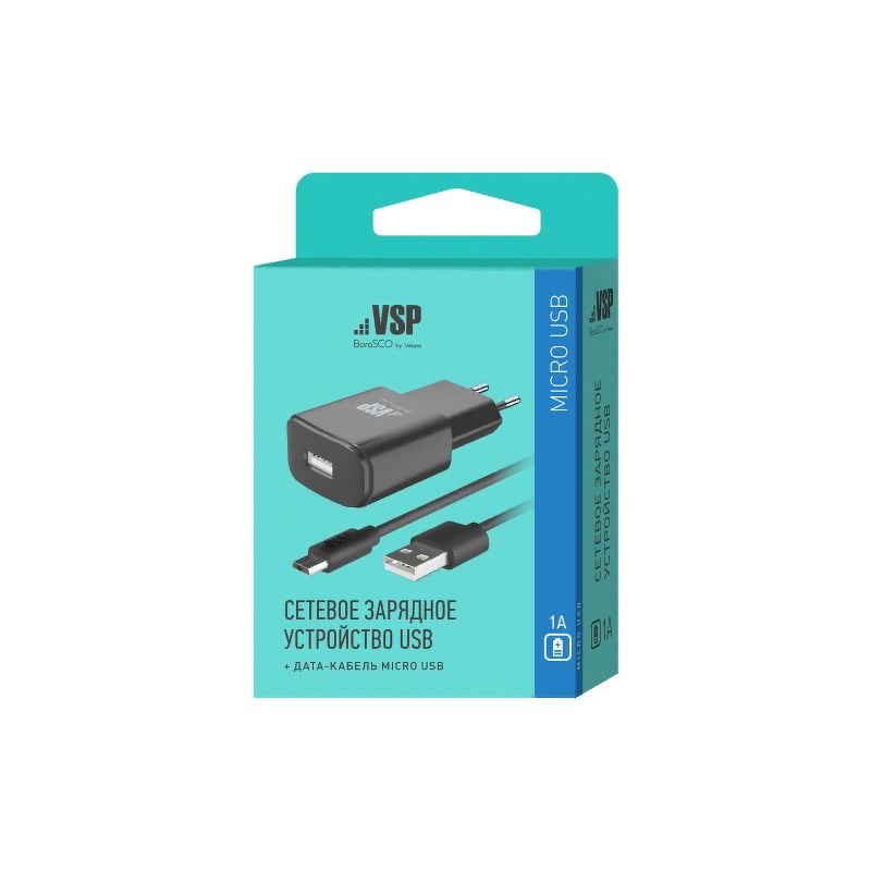 Адаптер питания BoraSCO USB + micro USB, 1А черный 20643